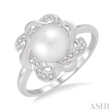 6.5 MM Round Shape Cultured Pearl and 1/10 Ctw Round Cut Diamond Ring in Sterling Silver