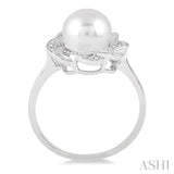6.5 MM Round Shape Cultured Pearl and 1/10 Ctw Round Cut Diamond Ring in Sterling Silver