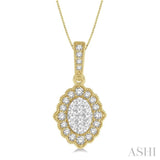 1/4 Ctw Lattice Edge Oval Shape Lovebright Round Cut Diamond Pendant With Chain in 14K Yellow and White Gold