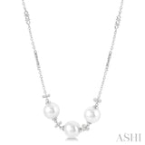 8 MM Triple Cultured Pearls and 1/5 Ctw Round Cut Diamond Circular Mount Necklace in 14K White Gold