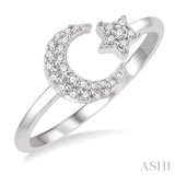 1/6 Ctw Crescent Moon and Star Round Cut Petite Diamond Fashion Ring in 10K White Gold