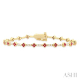 1 MM Round Shape Ruby and 1/2 Ctw Clover Leaf & Bar Link Round Cut Diamond Precious Bracelet in 14K Yellow Gold