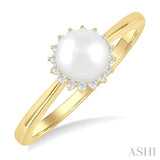 6 MM Round Shape Cultured Pearl and 1/10 ctw Petite Round Cut Diamond Floral Halo Fashion Ring in 10K Yellow Gold