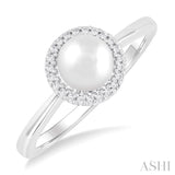 6 MM Round Shape Cultured Pearl and 1/20 ctw Round Cut Diamond Petite Halo Fashion Ring in 10K White Gold