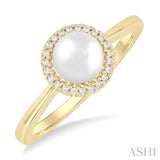 6 MM Round Shape Cultured Pearl and 1/20 ctw Petite Round Cut Diamond Halo Fashion Ring in 10K Yellow Gold