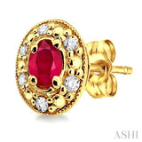 4x3 MM Oval Shaped Ruby and 1/10 ctw Single Cut Diamond Earrings in 10K Yellow Gold