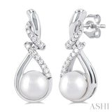 6 MM Round Shape Cultured Pearl and 1/6 ctw Swirl Top Round Cut Diamond Fashion Earring in 10K White Gold