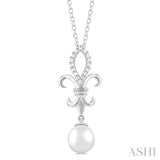 7 MM Round ShapeCultured Pearl and 1/10 ctw Fleur De Lis Round Cut Diamond Pendant With Chain in 10K White Gold