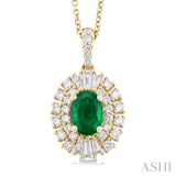 7x5 MM Oval Cut Emerald and 5/8 ctw Baguette & Round Cut Diamond Precious Pendant With Chain in 14K Yellow Gold