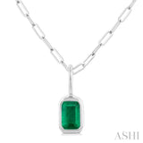 6x4 MM Bezel Set Emerald Cut Precious Fashion Pendant With Paperclip Chain in 14K White Gold