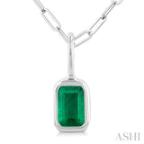 6x4 MM Bezel Set Emerald Cut Precious Fashion Pendant With Paperclip Chain in 14K White Gold