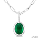 6x4 MM Bezel Set Oval Cut Emerald Precious Fashion Pendant With Paperclip Chain in 14K White Gold