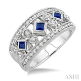 3/8 Ctw Round Cut Diamond and 2.2mm & 2.4mm Princess Cut Sapphire Fashion Band in 14K White Gold