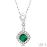 4x4 MM Cushion Cut Emerald and 1/10 Ctw Round Cut Diamond Pendant in 10K White Gold with Chain