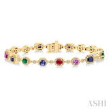 4X3MM & 4MM Mixed Shape Gemstone Rainbow and 1 ctw Round Cut Diamond Halo Precious Tennis Bracelet in 14K Yellow Gold