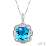 1/20 ctw Cushion Cut 10X10MM Blue Topaz and Round Cut Diamond Semi Precious Pendant With Chain in Sterling Silver