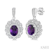 Silver Oval Shape Gemstone & Diamond Earrings