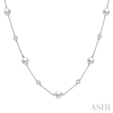 1/4 ctw White 5MM Cultured Pearls and Round Cut Diamond Station Necklace in 14K White Gold