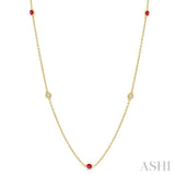 1/4 ctw Round Cut Diamond and 2.25MM Ruby Precious Station Necklace in 14K Yellow Gold
