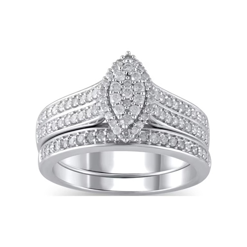 1/2 Ctw Diamond Wedding Set With 1/2 ct Engagement Ring With 1/4 ct Marquise Cut Center Stone and 1/10 ct Wedding